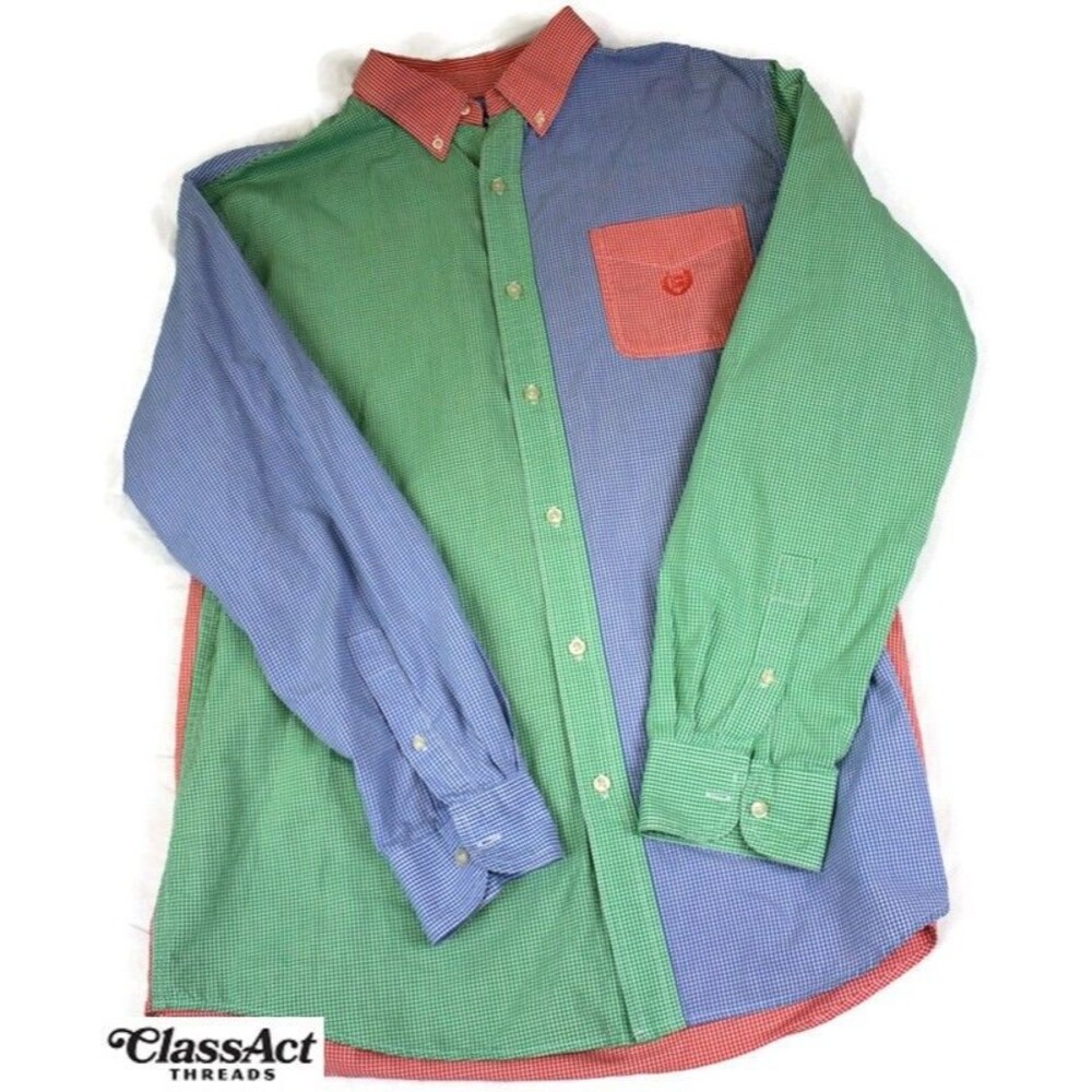 CHAPS Colorblock Patchwork Checked Button Up Button Down Shirt Large Easy Care